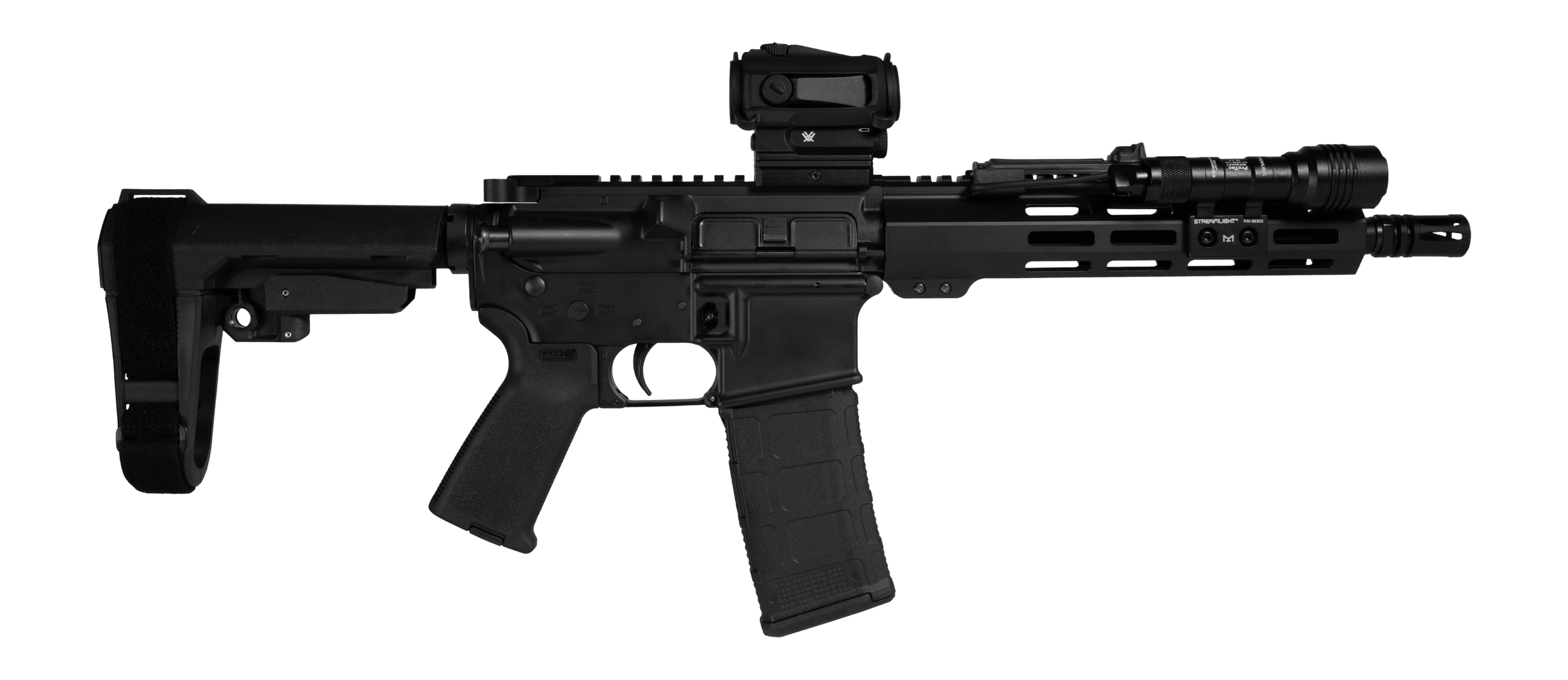 Shark Coast Tactical SCC06841MN300-P Midnight Bundle 300 Blackout 30+1 10" Threaded Barrel Aluminum Receiver w/Picatinny Rail M-LOK Handguard Polymer SB Tactical SBA3 Brace Streamlight ProTac Rail Light 2 Vortex Crossfire Red Dot Magpul MOE Grip