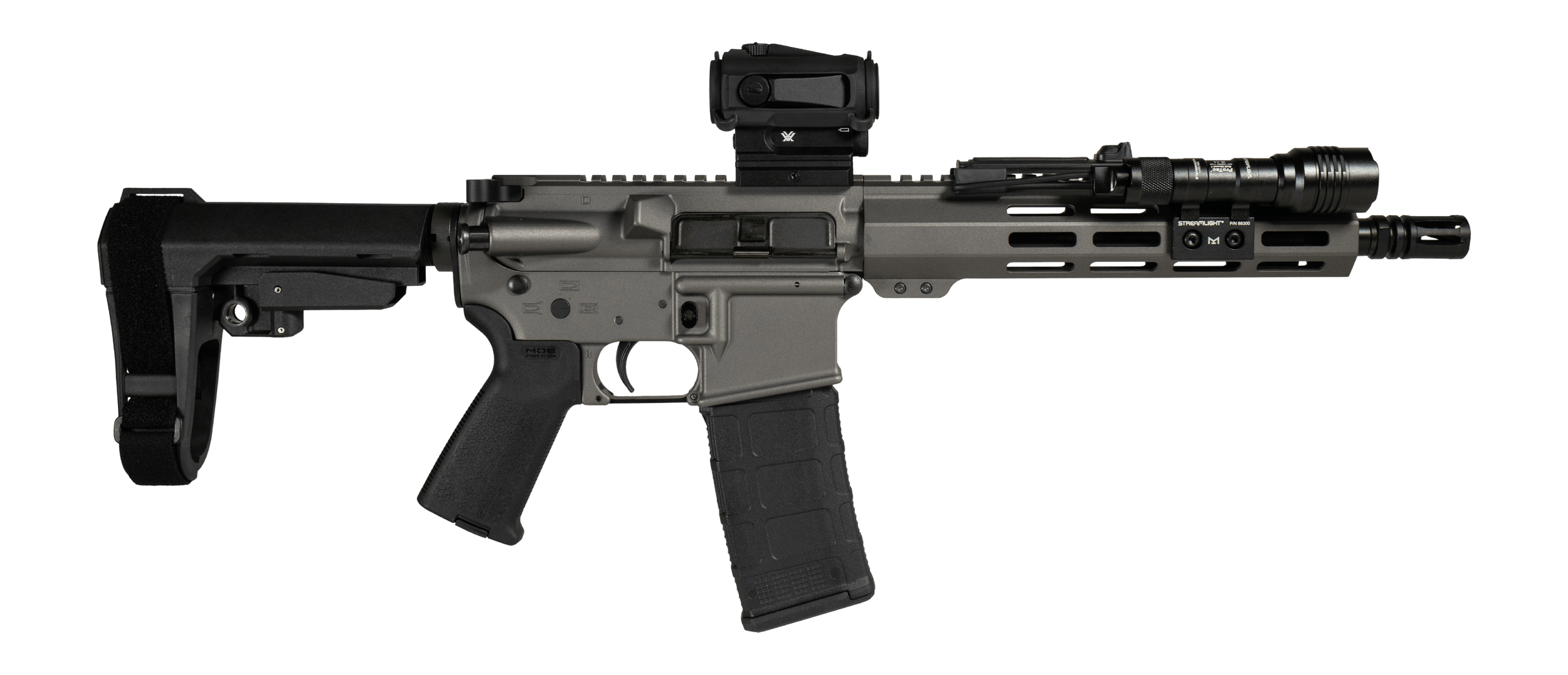 Shark Coast Tactical SCC06889GRYN300-P Grey Night Bundle 300 Blackout 30+1 10" Threaded Barrel Aluminum Receiver w/Picatinny Rail M-LOK Handguard Polymer SB Tactical SBA3 Brace Streamlight ProTac Rail Light 2 Vortex Crossfire Red Dot Magpul MOE Grip
