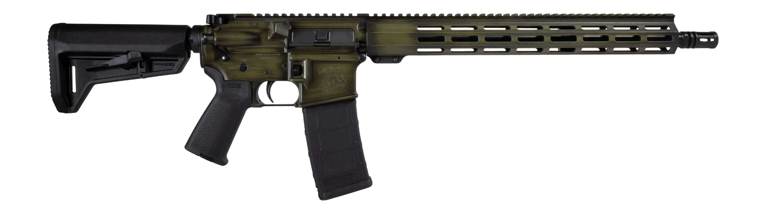 Shark Coast Tactical 300-044-1000-14 Distressed 5.56 NATO 30+1 16" Black Melonite Threaded Barrel Green Distressed Cerakote Aluminum Receiver w/Picatinny Rail M-LOK Handguard Magpul MOE SL Black Polymer Stock Magpul MOE Grip Right Hand