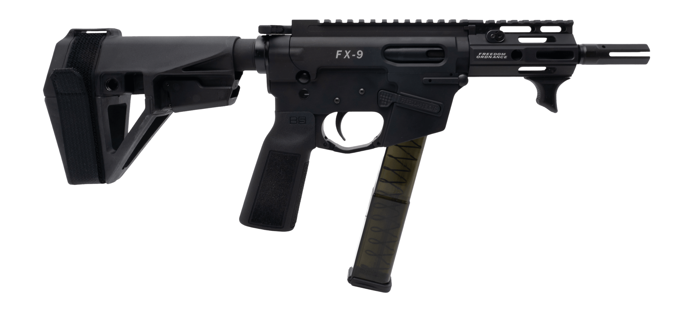 Freedom Ordance FX9P4E-BLK FX9P Elite 9mm Luger 4" Black Nitride Threaded Barrel Black Anodized Aluminum Receiver w/Picatinny Rail M-LOK Handguard Black Polymer SB Tactical SBA5 Brace Black Polymer Grip