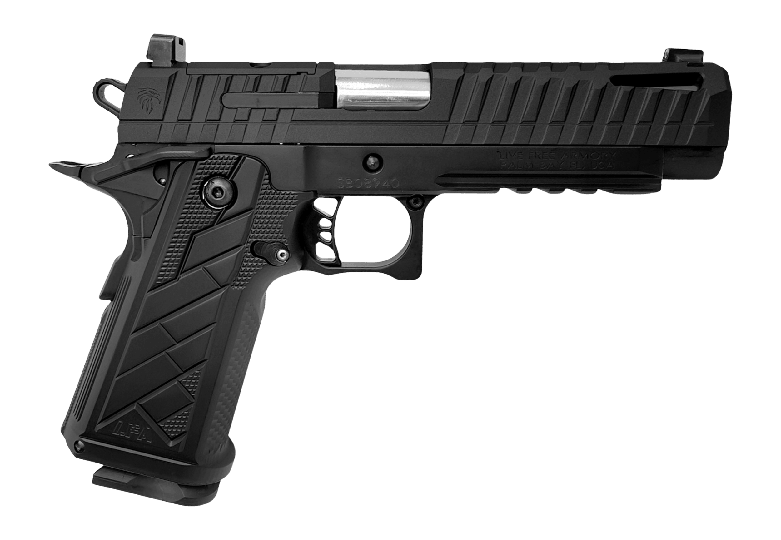 Live Free Armory HG8640-N Apollo 11 V2 Full Size Frame 9mm Luger 18+1 4.90" Stainless Barrel Black Cerakote Steel Optic Cut/Serrated Slide Black Cerakote Steel Frame w/Beavertail & Picatinny Rail Black Aluminum V2 Grip RMSc Footprint