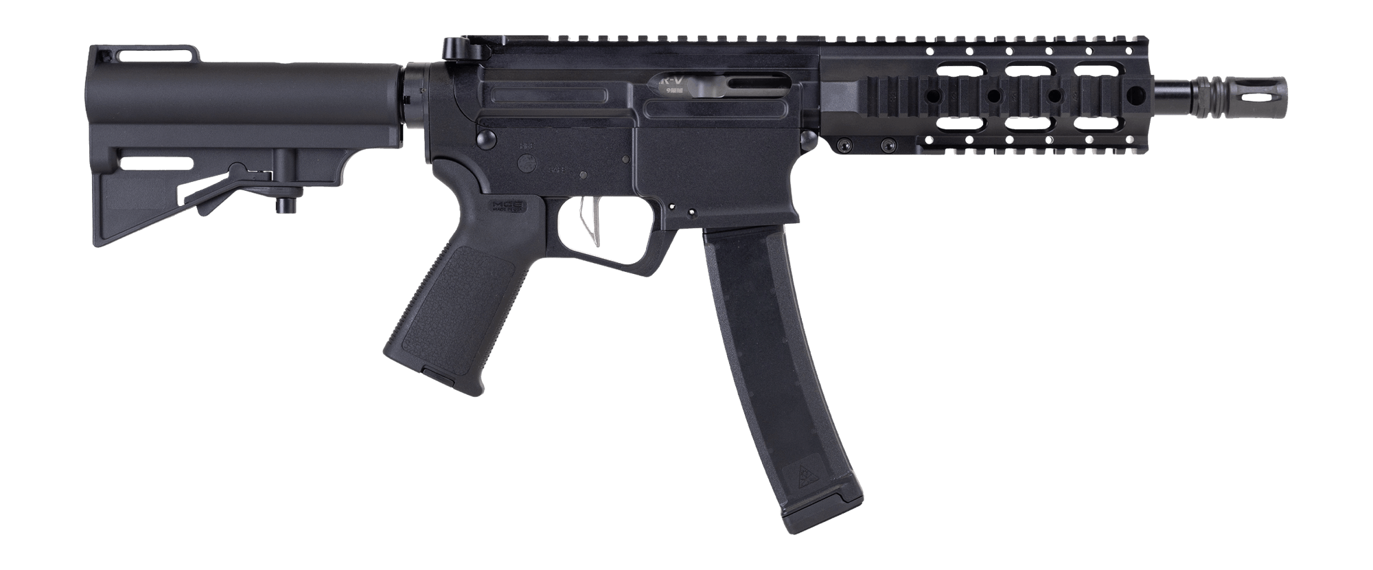 Dpms Panther Arms DP51655221916 Kitty Kat S9 9mm Luger 33+1 8" Black Nitride Heavy Threaded Barrel Black Hardcoat Anodize Aluminum Receiver w/Picatinny Rail DPMS Quad Rail Handguard Black Polymer SB Tactical SBA3 Brace Magpul MOE Grip