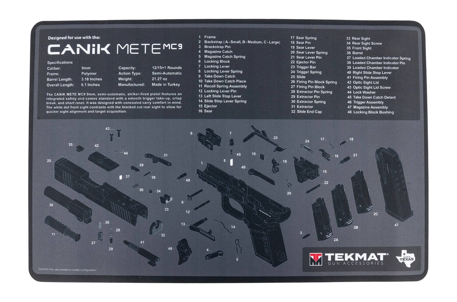 TekMat TEKR17CANIKMC9 Black/Gray Thermoplastic 11" x 17" Canik MC9 Parts Diagram Illustration - Image 2