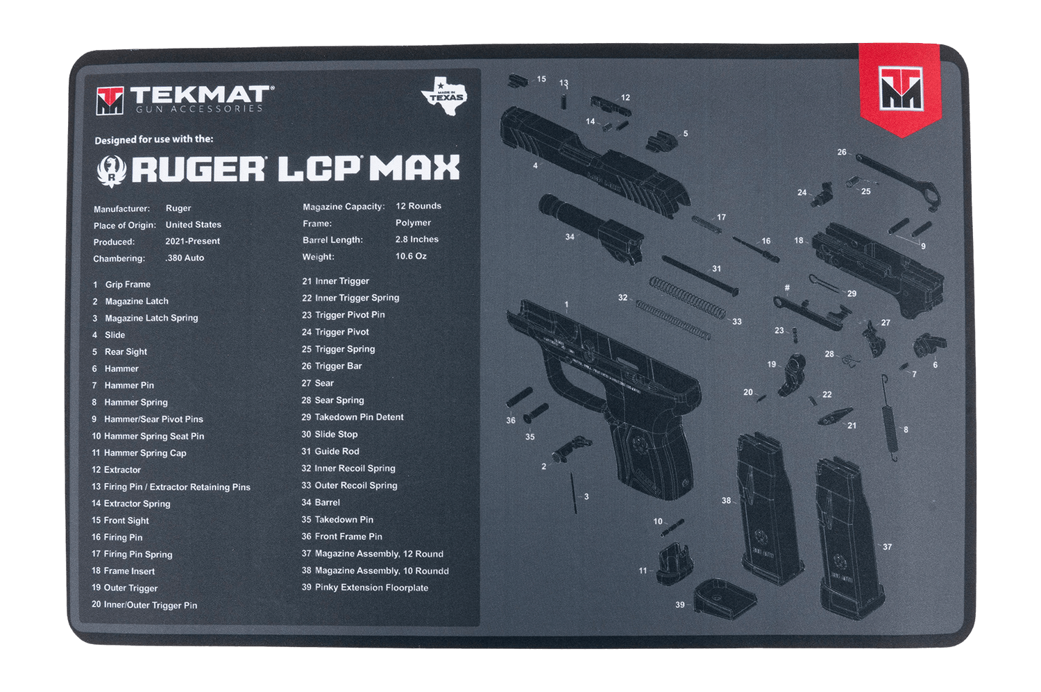 TekMat TEKR17RUGERLCPMAX Black/Gray Thermoplastic 11" x 17" Ruger LCP Parts Diagram Illustration