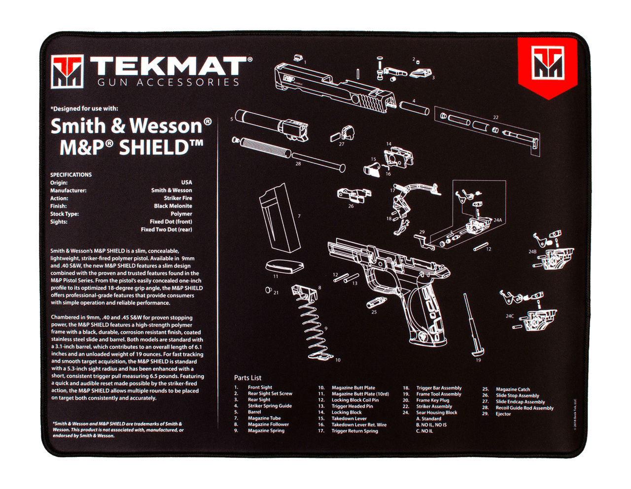 TekMat TEKR20SWMPSHIELD Black/Gray Thermoplastic 15″ x 20″ Smith & Wesson M&P Shield Illustration TekMat TEKR20SWMPSHIELD Black/Gray Thermoplastic 15″ x 20″ Smith & Wesson M&P Shield Illustration
