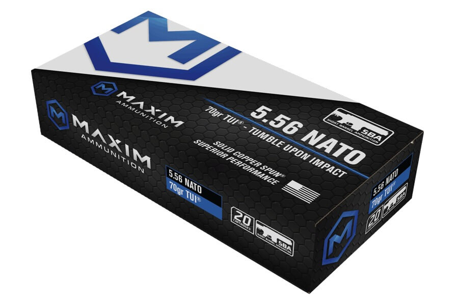 Maxim Defense MXM49002 Tumble Upon Impact (TUI) 5.56NATO 70gr Solid Copper Spun 20 Per Box/25 Case Maxim Defense MXM49002 Tumble Upon Impact (TUI) 5.56NATO 70gr Solid Copper Spun 20 Per Box/25 Case