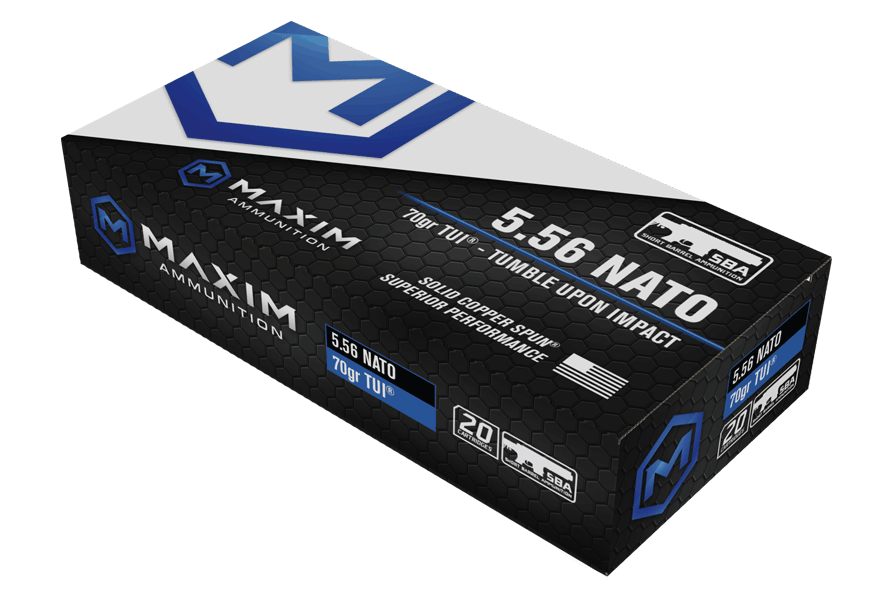 Maxim Defense MXM49002 Tumble Upon Impact (TUI) 5.56NATO 70gr Solid Copper Spun 20 Per Box/25 Case Maxim Defense MXM49002 Tumble Upon Impact (TUI) 5.56NATO 70gr Solid Copper Spun 20 Per Box/25 Case