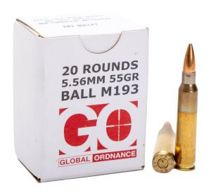 Global Ordnance LLC 850003223346 M193 5.56x45mmNATO 55gr Full Metal Jacket 20 Per Box/50 Case