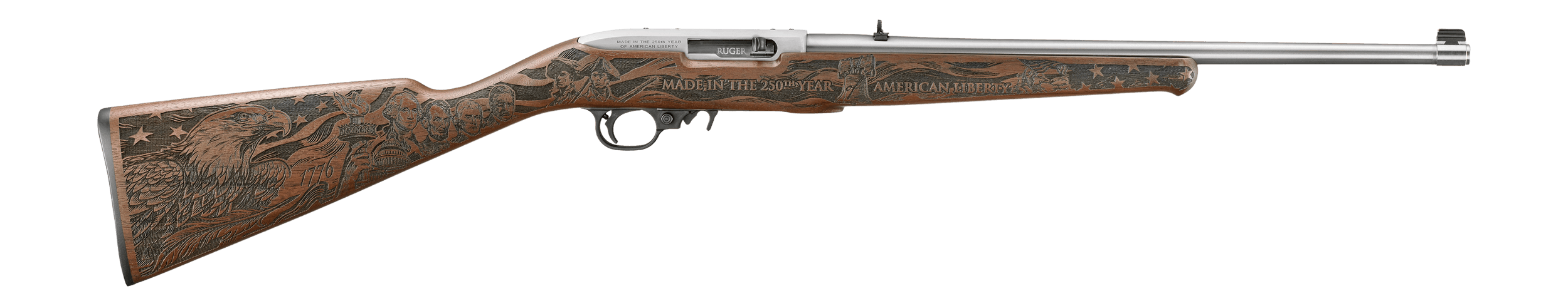 Ruger 32038 10/22 250th Anniversary 22 LR 10+1 18.50" Stainless Steel Barrel Engraved Satin Stainless Steel Drilled & Tapped Receiver American Walnut Fixed Engraved Altamont Stock