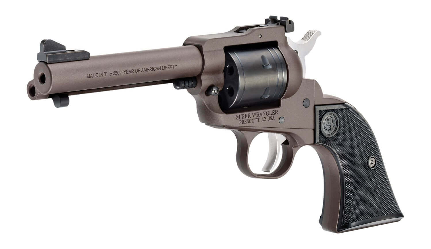 Ruger 2071 Super Wrangler 250th Anniversary 22 LR/22 WMR 6 Shot 4.62" Dark Bronze Cerakote Steel Engraved Barrel Steel Frame Checkered Synthetic Grip Transfer Bar Safety Exposed Hammer - Image 2
