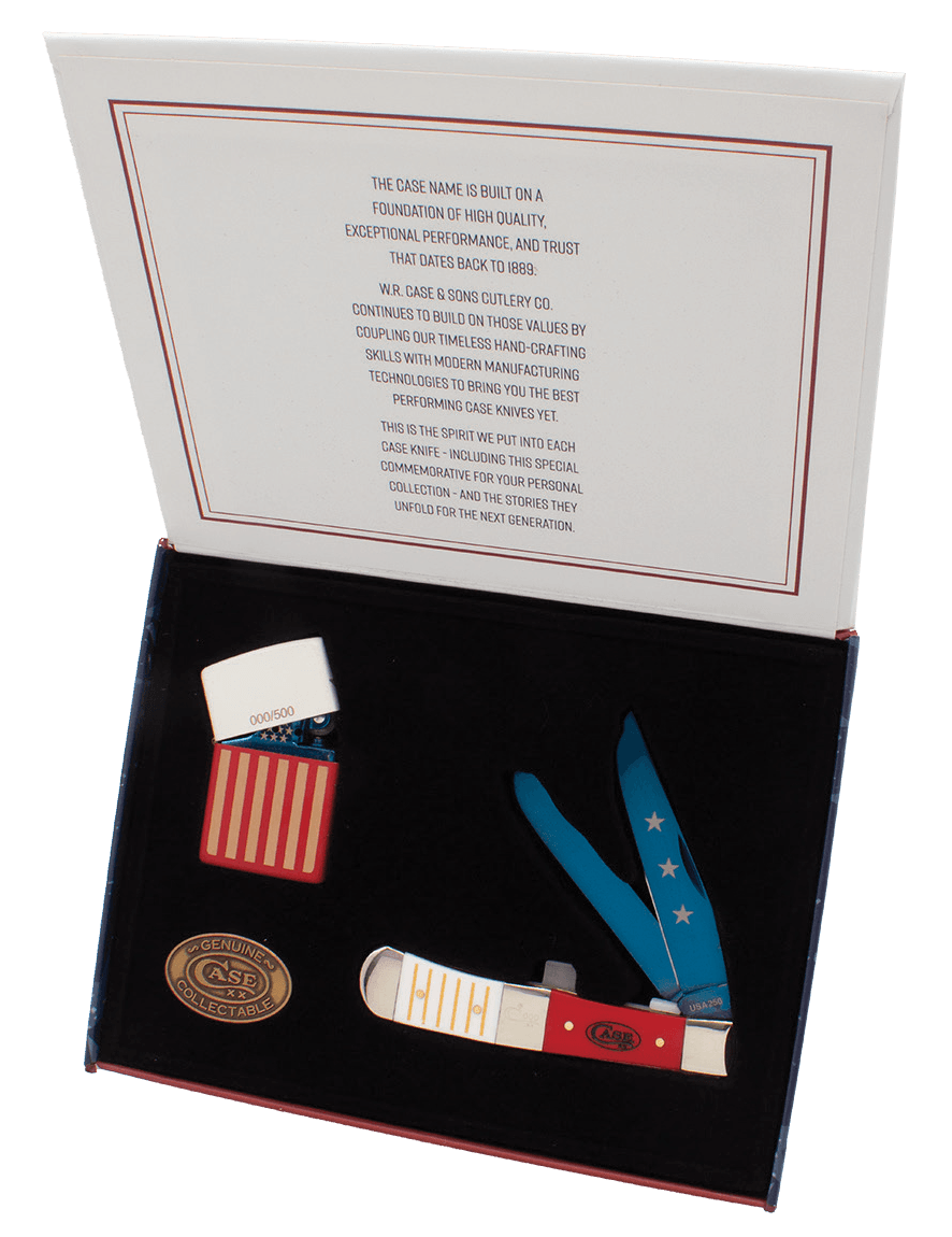 Case 25000 Trapper America's 250th Folding Clip Point/Spey Plain Blue PVD 4254SS Blades Smooth Red & White Synthetic Handle Zippo Lighter Patriotic Box
