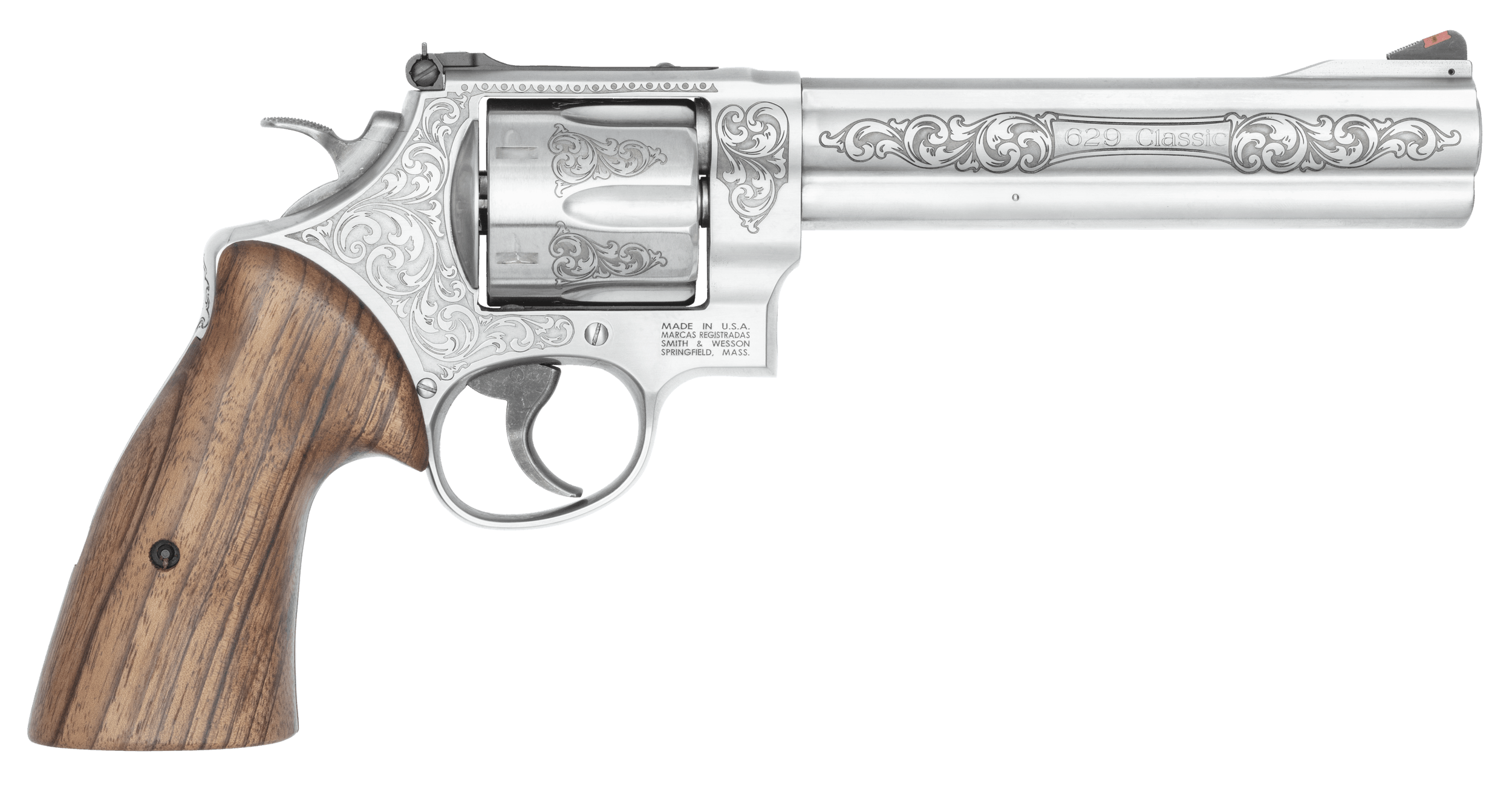 Smith & Wesson 14784 Model 629 N-Frame Large 44 S&W Spl/44 Rem Mag 6 Shot 6.50" Stainless Steel Engraved Barrel Cylinder & Frame Tyler Gun Works Bear Hugger Walnut Grip Exposed Hammer
