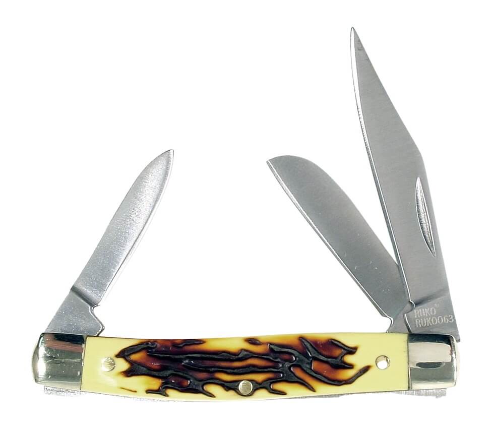 Ruko Knives RUK0063-CS Stockman 3 Blade Folding Plain 440A Stainless Steel Blades Delrin Simulated Deer Horn Scales Handle Ruko Knives RUK0063-CS Stockman 3 Blade Folding Plain 440A Stainless Steel Blades Delrin Simulated Deer Horn Scales Handle
