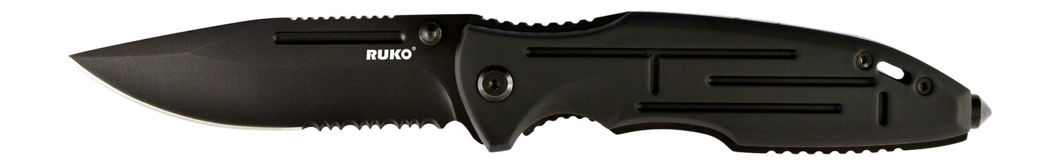 Ruko Knives RUK0153 Shark Folding Part Serrated Black Oxide 420 Stainless Steel Blade Black Anodized Aluminum/Rubber Handle Ruko Knives RUK0153 Shark Folding Part Serrated Black Oxide 420 Stainless Steel Blade Black Anodized Aluminum/Rubber Handle