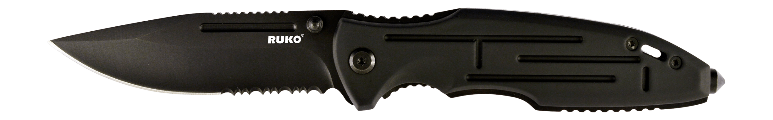Ruko Knives RUK0153 Shark Folding Part Serrated Black Oxide 420 Stainless Steel Blade Black Anodized Aluminum/Rubber Handle Ruko Knives RUK0153 Shark Folding Part Serrated Black Oxide 420 Stainless Steel Blade Black Anodized Aluminum/Rubber Handle
