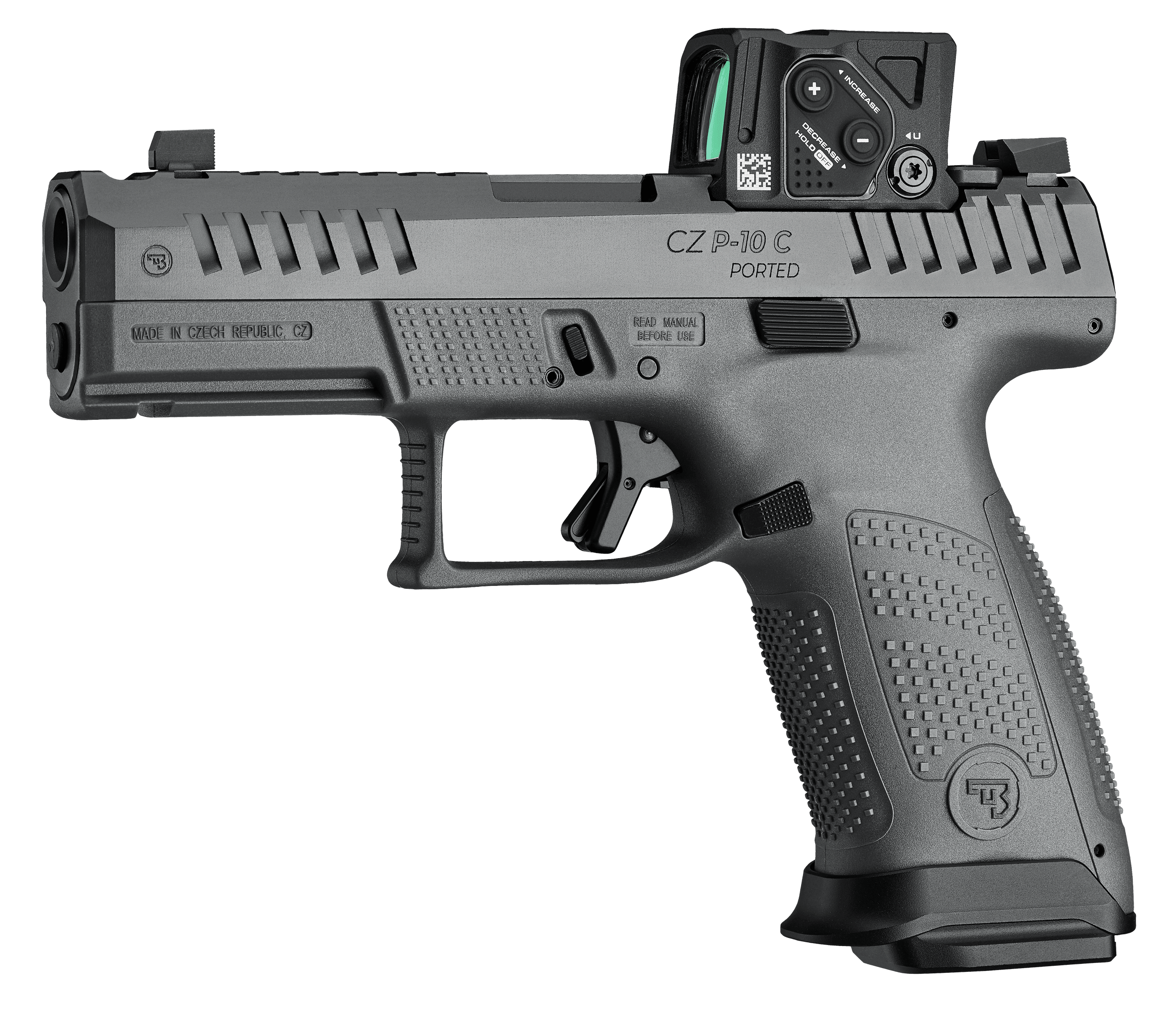 CZ-USA 91582 P-10 C Compact 9mm Luger 15+1 4" Black Nitride Integral Compensator Barrel Black Nitride Steel Serrated w/Optic Slide Black Polymer Frame w/Accessory Rail Textured Grip Aimpoint COA 3.5 MOA Red Dot Ambidextrous