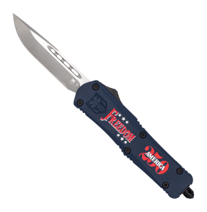 CobraTec Knives MFDM250FS3DNS FS-3 Freedom 250 Limited Edition 3" OTF Drop Point Plain Anodized D2 Steel Blade  4.50" Blue/Red Cerakote Aluminum Handle  Glass Breaker
