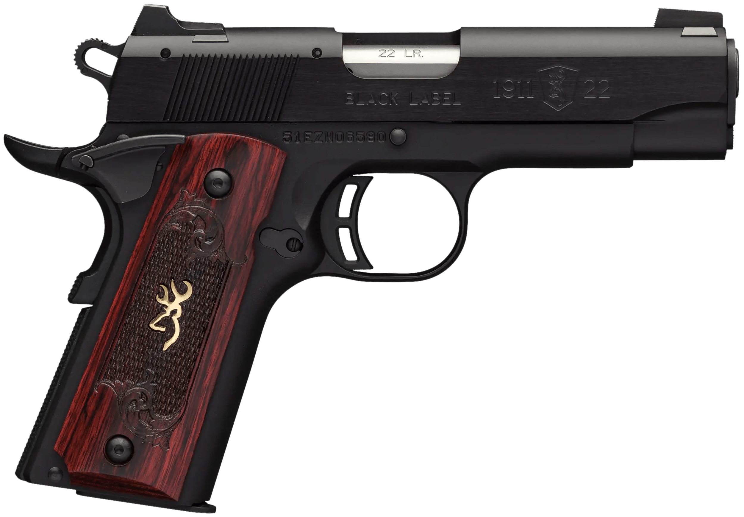 Browning 051852490 1911-22 Black Label Medallion Compact Compact 22 LR 10+1 3.63" Stainless Target Crown Steel Barrel Matte Black Serrated Slide & Aluminum Frame w/Beavertail Rosewood w/Gold BuckMark Inlay Grip