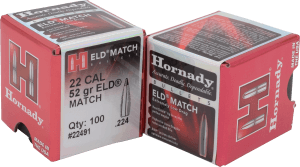 Hornady 22491 ELD Match 22 Cal .224 52 gr Extremely Low Drag Match 100rd Box