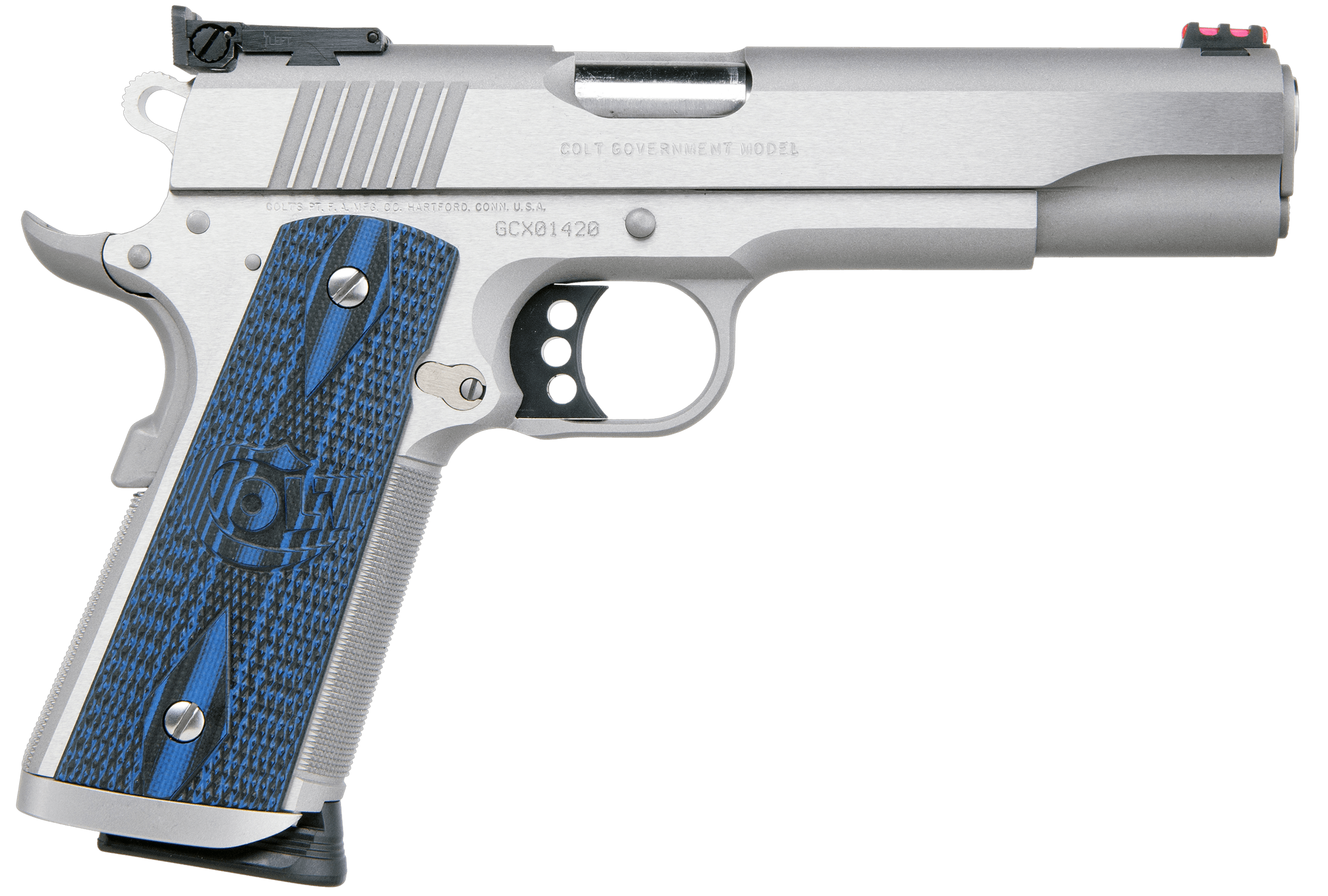 Colt Mfg O5072XE Gold Cup Trophy 9mm Luger 9+1 5" Steel Barrel Stainless Steel Serrated Slide & Frame w/Beavertail Competition Blue G10 Grips Ambidextrous