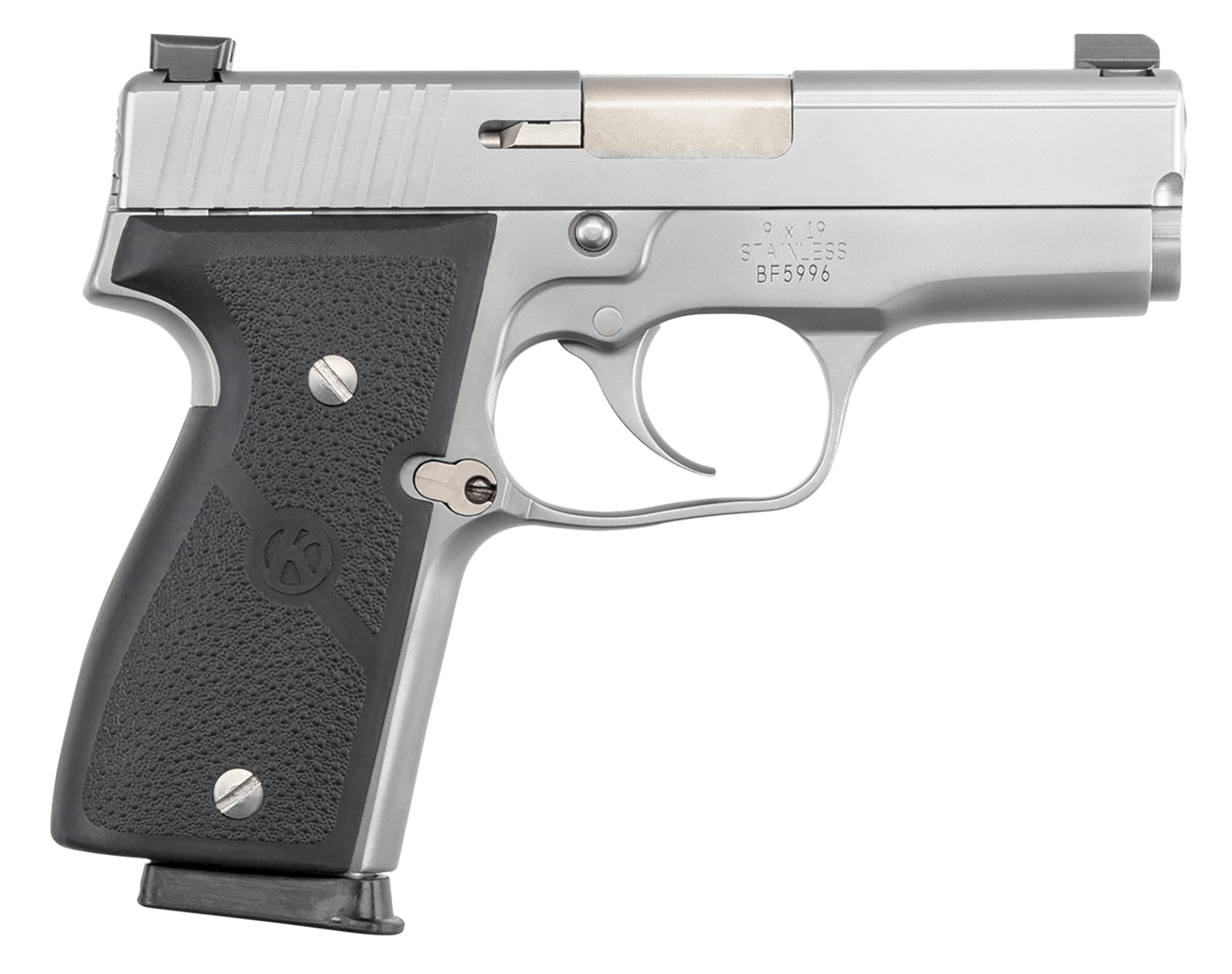 Kahr Arms K9093NA K9 9mm Luger 7+1/8+1 3.47" Stainless Polygonal Rifled Barrel Matte Serrated Stainless Steel Slide Matte Stainless Steel Frame Black Textured Wraparound Polymer Grip Night Sights Right Hand