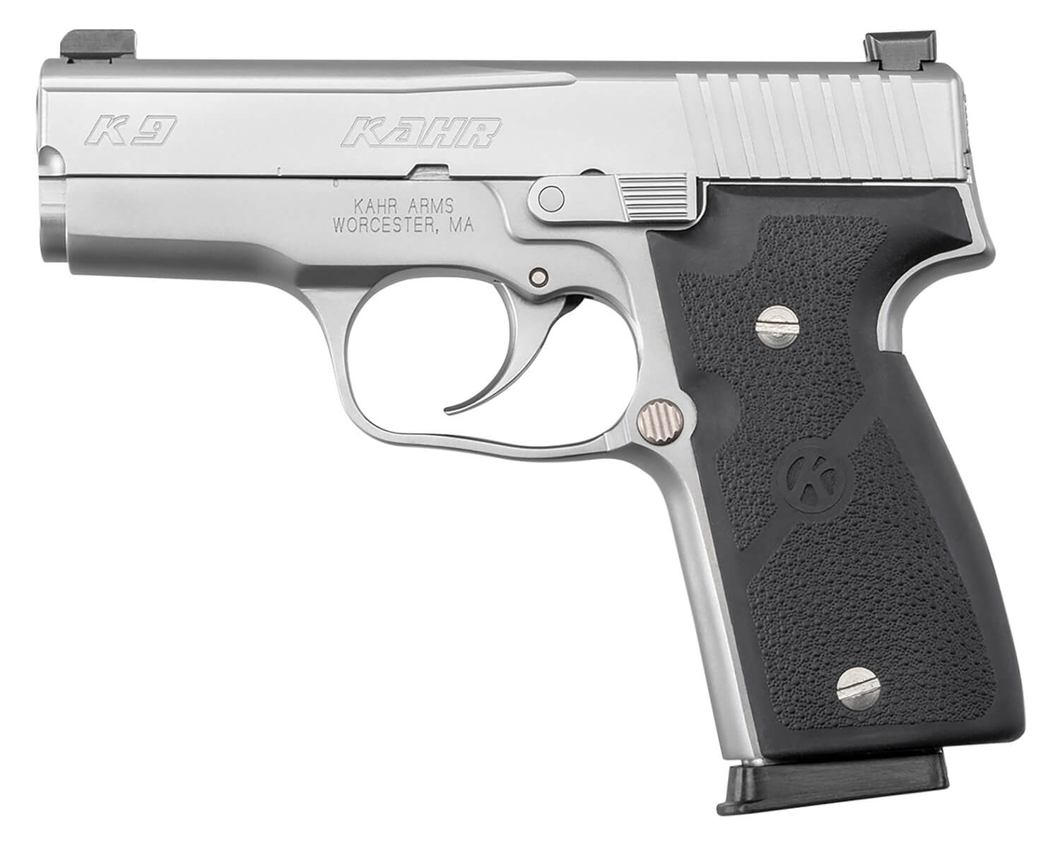 Kahr Arms K9093NA K9 9mm Luger 7+1/8+1 3.47" Stainless Polygonal Rifled Barrel Matte Serrated Stainless Steel Slide Matte Stainless Steel Frame Black Textured Wraparound Polymer Grip Night Sights Right Hand - Image 2