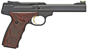 Browning 051429490 Buck Mark Plus *CA Compliant 22 LR 10+1 5.50" Slab Side Barrel  Matte Black Serrated Steel Slide  & Aluminum Frame  Brown Finger Grooved Laminate Grips