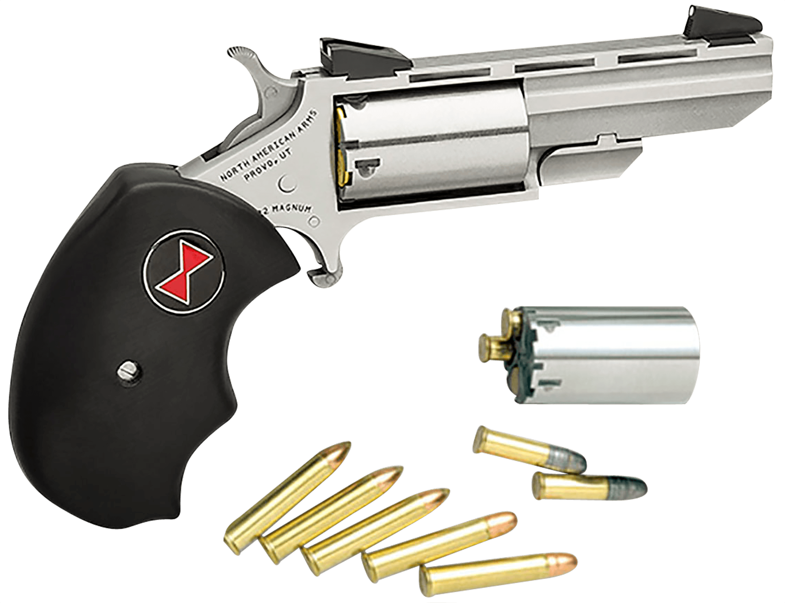 North American Arms BWC Black Widow 22 LR or 22 WMR 5 Shot 2" Vent Rib Barrel Overall Stainless Steel Finish Finger Grooved Black Rubber Grip & Fixed Sights Includes Cylinder