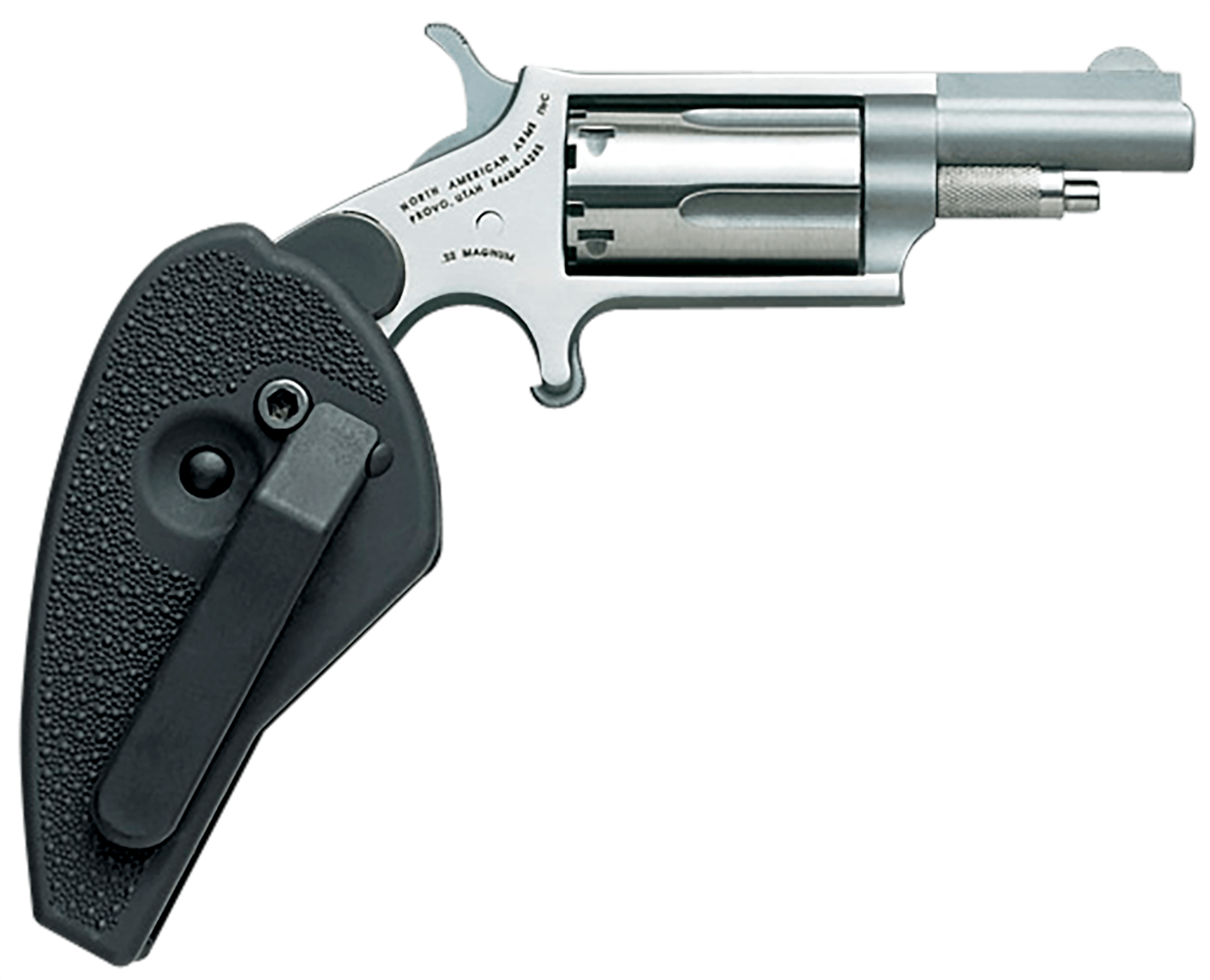 North American Arms 22MCHG Mini-Revolver 22 LR or 22 WMR 5 rd 1.63" Barrel Overall Stainless Steel Finish Black Synthetic Holster Grip Includes Cylinder