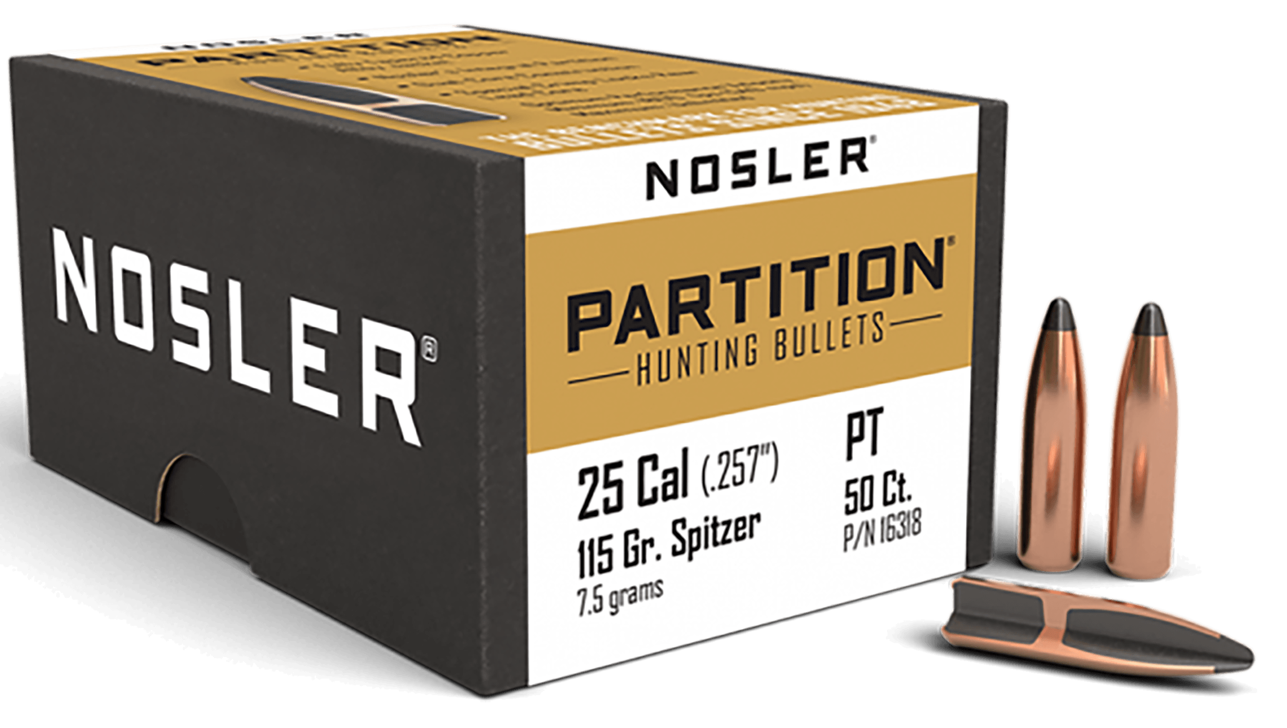 Nosler 16318 Partition 25 Cal .257 115 gr Spitzer/ 50rd Box