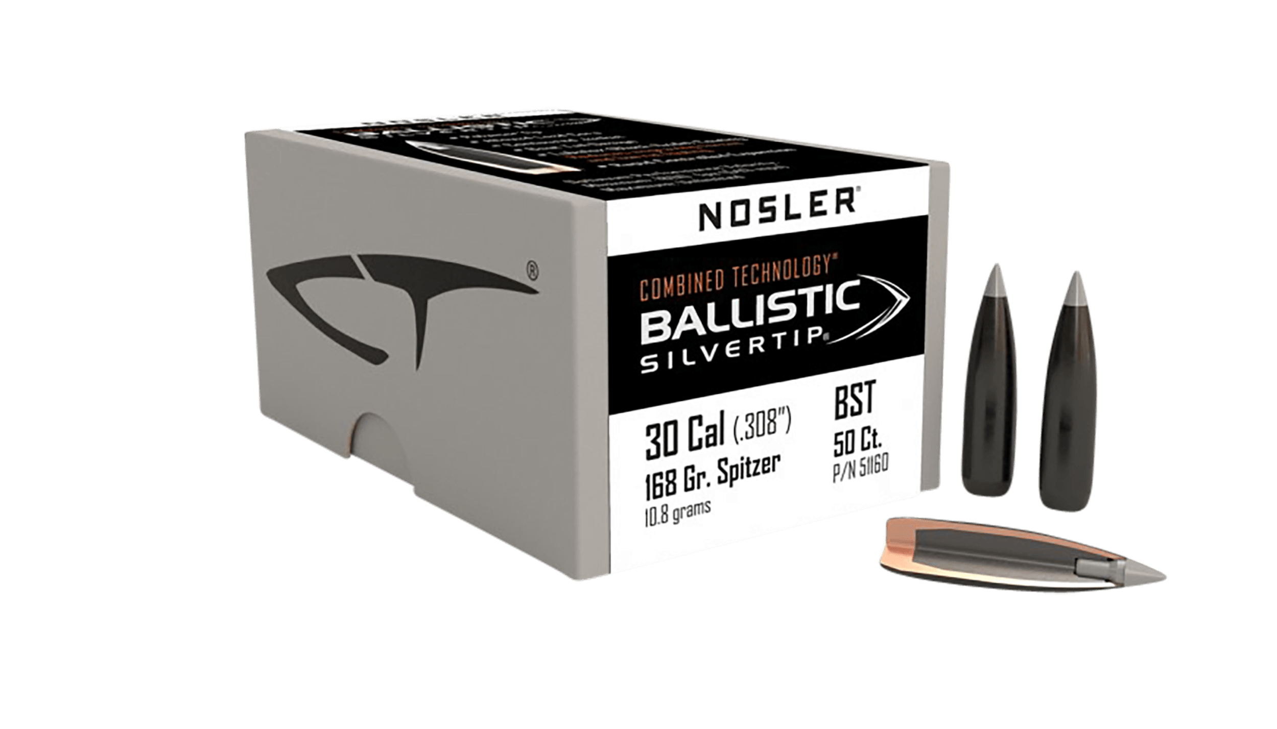 Nosler 51160 Ballistic Silvertip 30 Cal .308 168 gr Spitzer Point/ 50rd Box