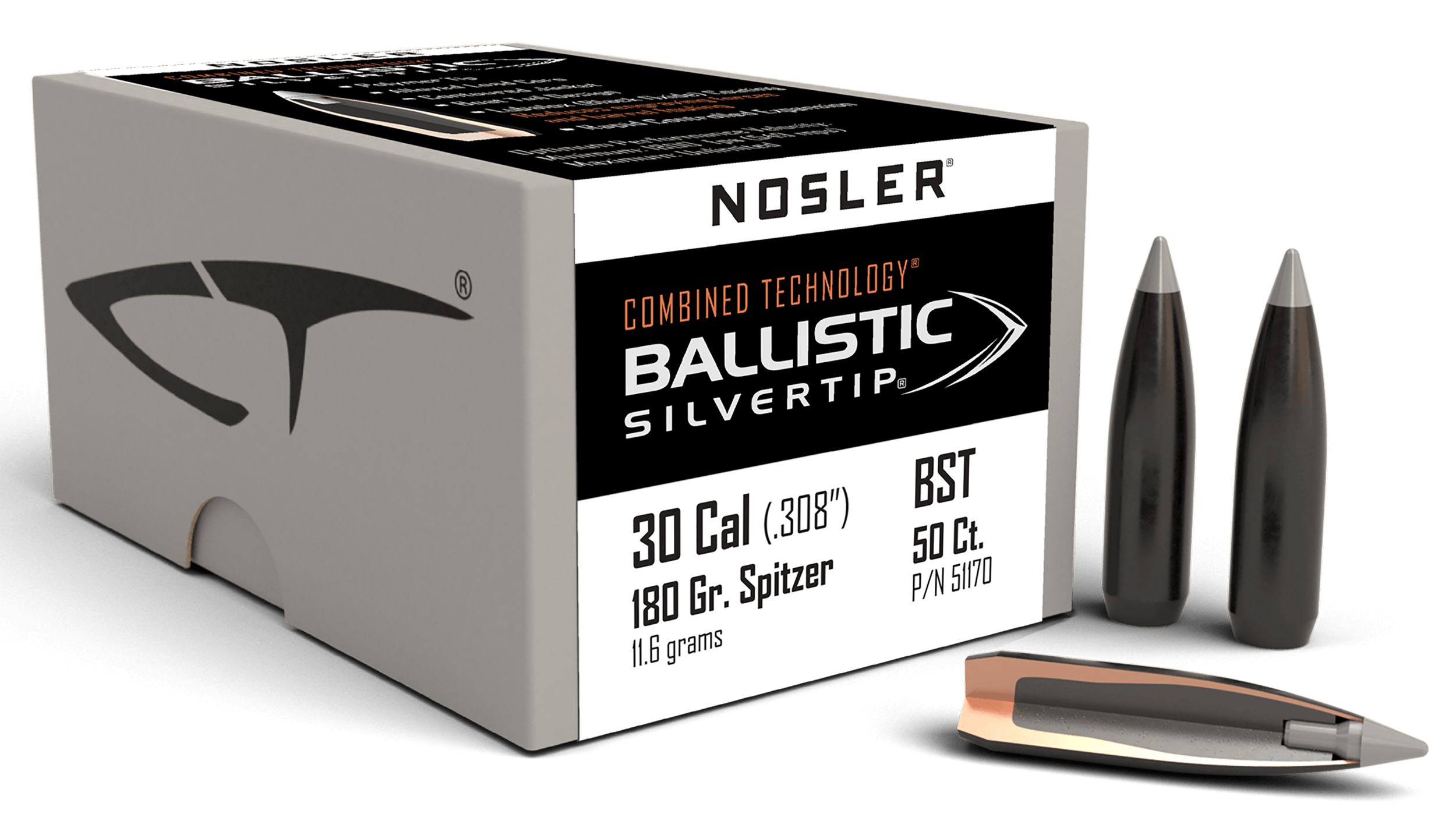 Nosler 51170 Ballistic Silvertip 30 Cal .308 180 gr Spitzer Point/ 50rd Box