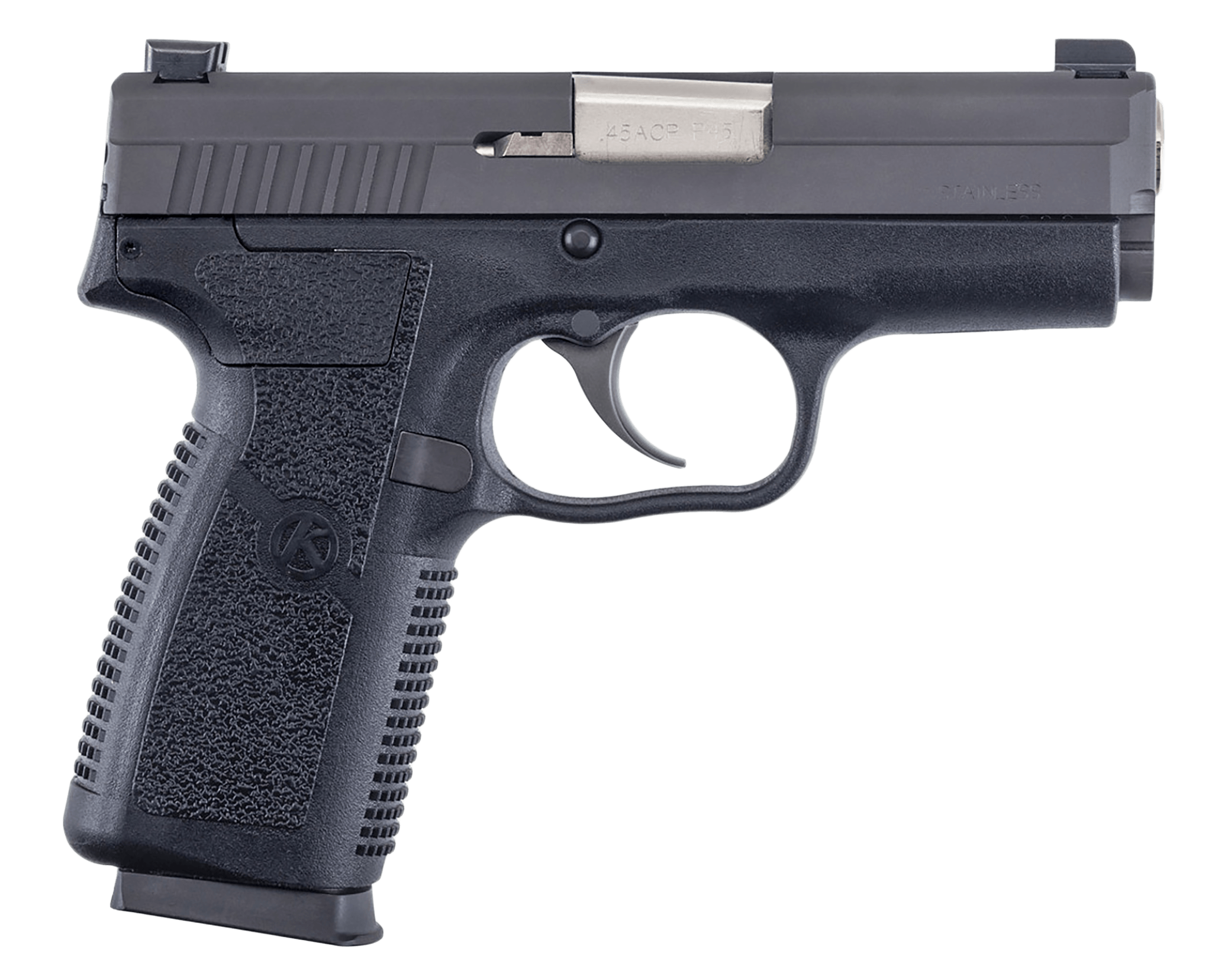 Kahr Arms KP4544N P *CA Compliant 45 ACP Caliber with 3.40" Barrel 6+1 or 7+1 Capacity Black Finish Frame Serrated Matte Black Stainless Steel Slide Textured Polymer Grip & TruGlo Night Sights