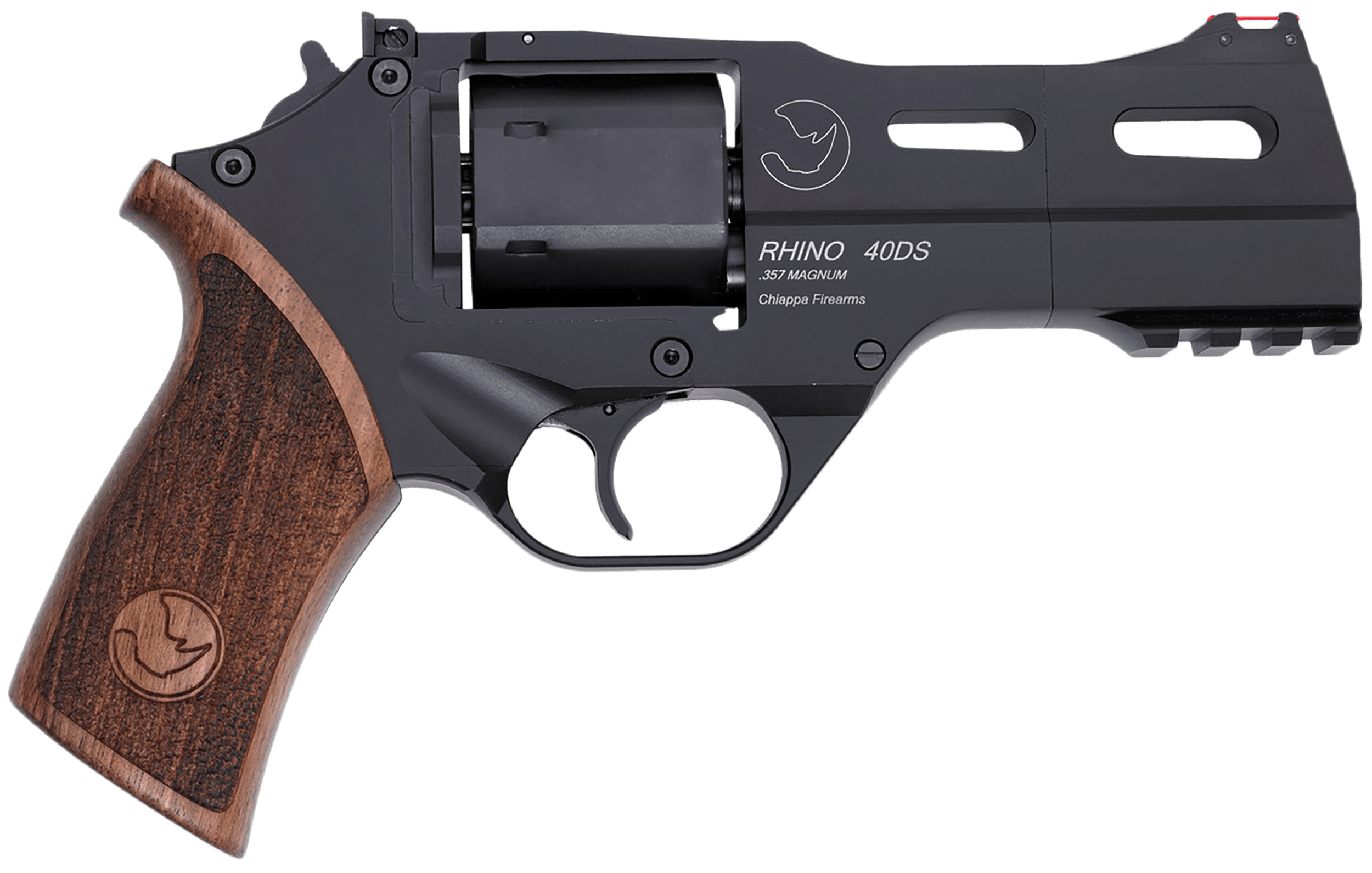Chiappa Firearms CF340244 Rhino 40SAR *CA Compliant Medium Frame 357 Mag 6 Shot 4" Black Anodized Steel Vent Rib Barrel Blued Steel Cylinder Black Anodized Aluminum Frame w/Picatinny Rail Walnut Grip Concealed Hammer