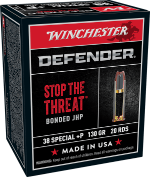 Winchester Ammo S38PDB Defender 38 Special +P 130 gr Bonded Jacket Hollow Point 20rd Box