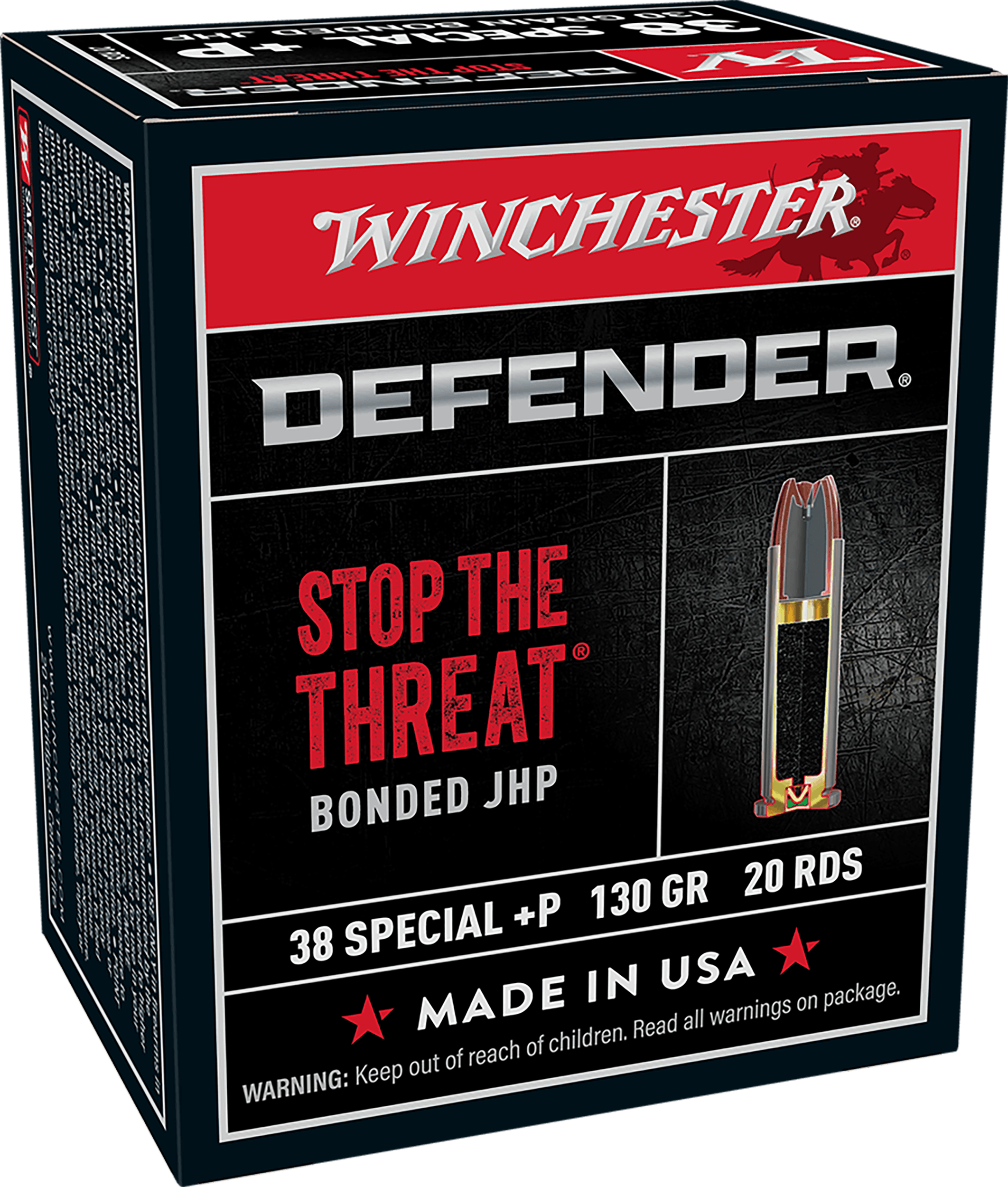 Winchester Ammo S38PDB Defender 38 Special +P 130 gr Bonded Jacket Hollow Point 20rd Box