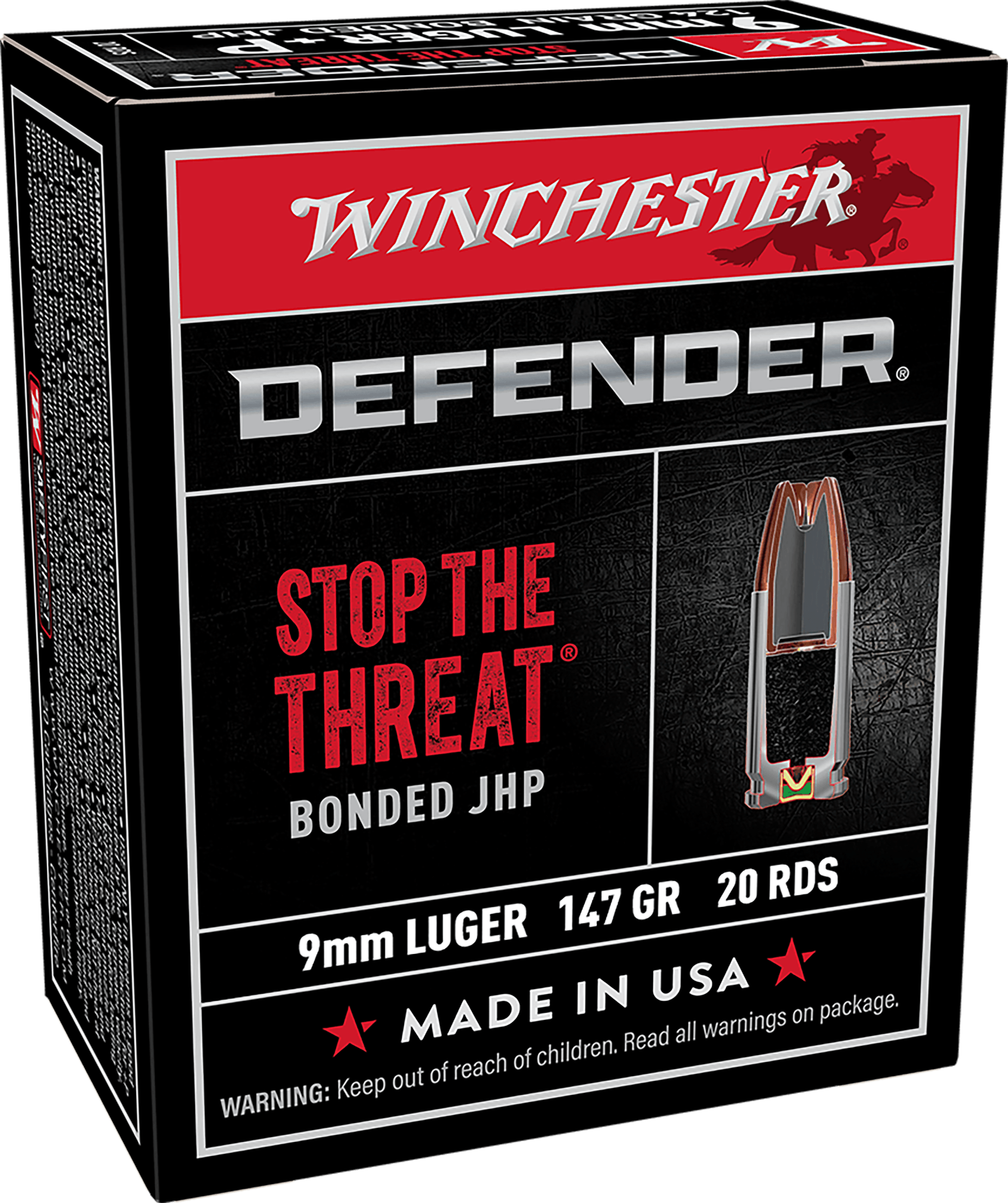 Winchester Ammo S9MMPDB1 Defender 9mm Luger 147 gr Bonded Jacket Hollow Point 20rd Box