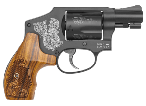 Smith & Wesson 150785 Model 442  38 S&W Spl +P 5 Shot 1.88" Engraved Black Carbon Steel Barrel/Cylinder  Engraved Black Aluminum J-Frame  Engraved Wood Grip  Mahogany Presentation Case