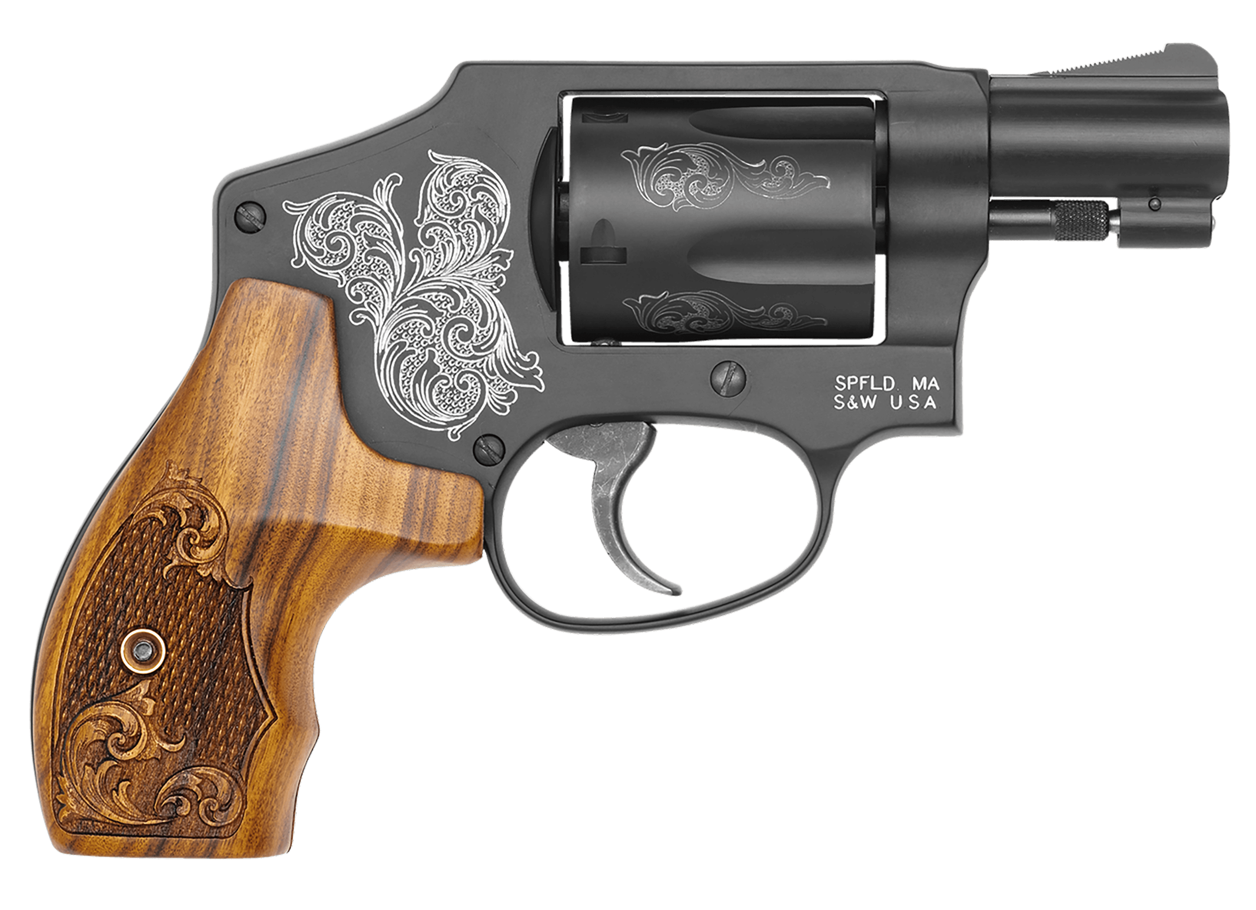 Smith & Wesson 150785 Model 442 38 S&W Spl +P 5 Shot 1.88" Engraved Black Carbon Steel Barrel/Cylinder Engraved Black Aluminum J-Frame Engraved Wood Grip Mahogany Presentation Case