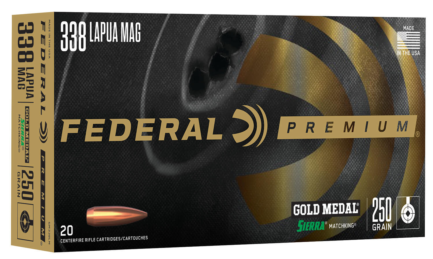 Federal GM338LM Premium Gold Medal 338 Lapua Mag 250 gr Sierra MatchKing BTHP 20rd Box - Image 2