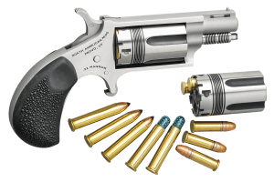 North American Arms 22MCTW Wasp Combo 22 LR or 22 WMR Caliber with 1.63" Vent Rib Barrel 5rd Capacity Cylinder Overall Stainless Steel Finish & Black Pebbled Texture Rubber Grip Includes Cylinder