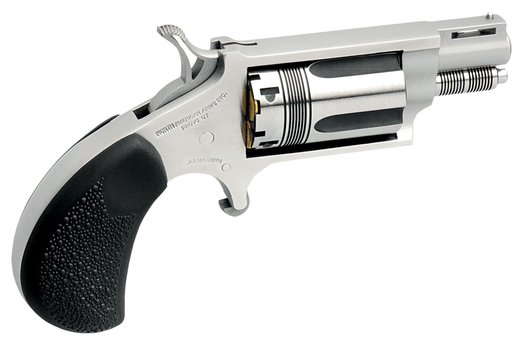 North American Arms 22MSTW Wasp Snub Nose 22 WMR 5 Shot 1.13" Vent Rib Barrel Overall Stainless Steel Finish Black Pebbled Texture Rubber Grip