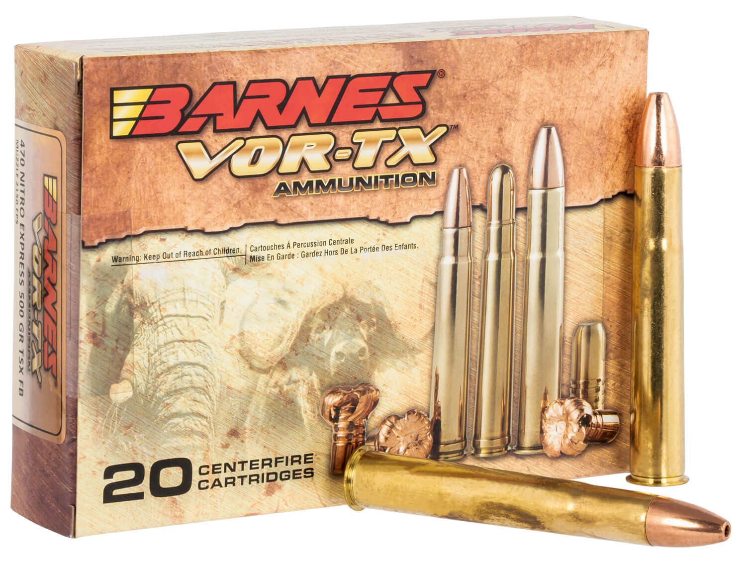 Barnes Bullets 22030 VOR-TX Centerfire Rifle 470 Nitro Express 500 gr Barnes TSX Flat Base (TSXFB) 20rd Box - Image 2