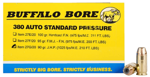 Buffalo Bore Ammunition 27G20 Standard Pressure Strictly Business 380 ACP 90 gr Jacketed Hollow Point (JHP) 20rd Box