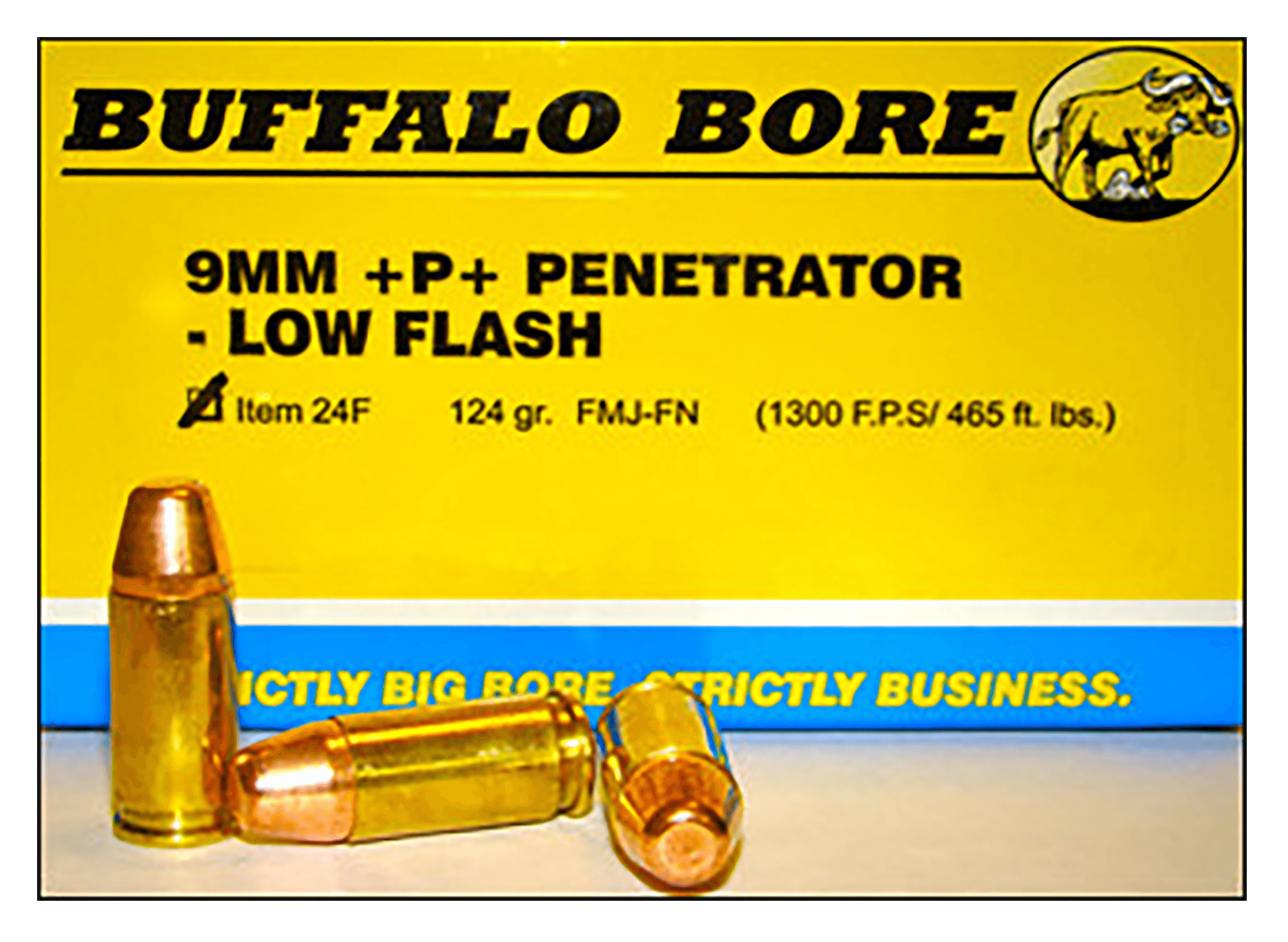 Buffalo Bore Ammunition 24F20 Penetrator Strictly Business 9mm Luger +P+ 124 gr Full Metal Jacket Flat Nose (FMJFN) 20rd Box