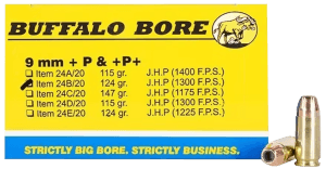 Buffalo Bore Ammunition 24B20 Personal Defense Strictly Business 9mm Luger +P+ 124 gr Jacketed Hollow Point (JHP) 20rd Box