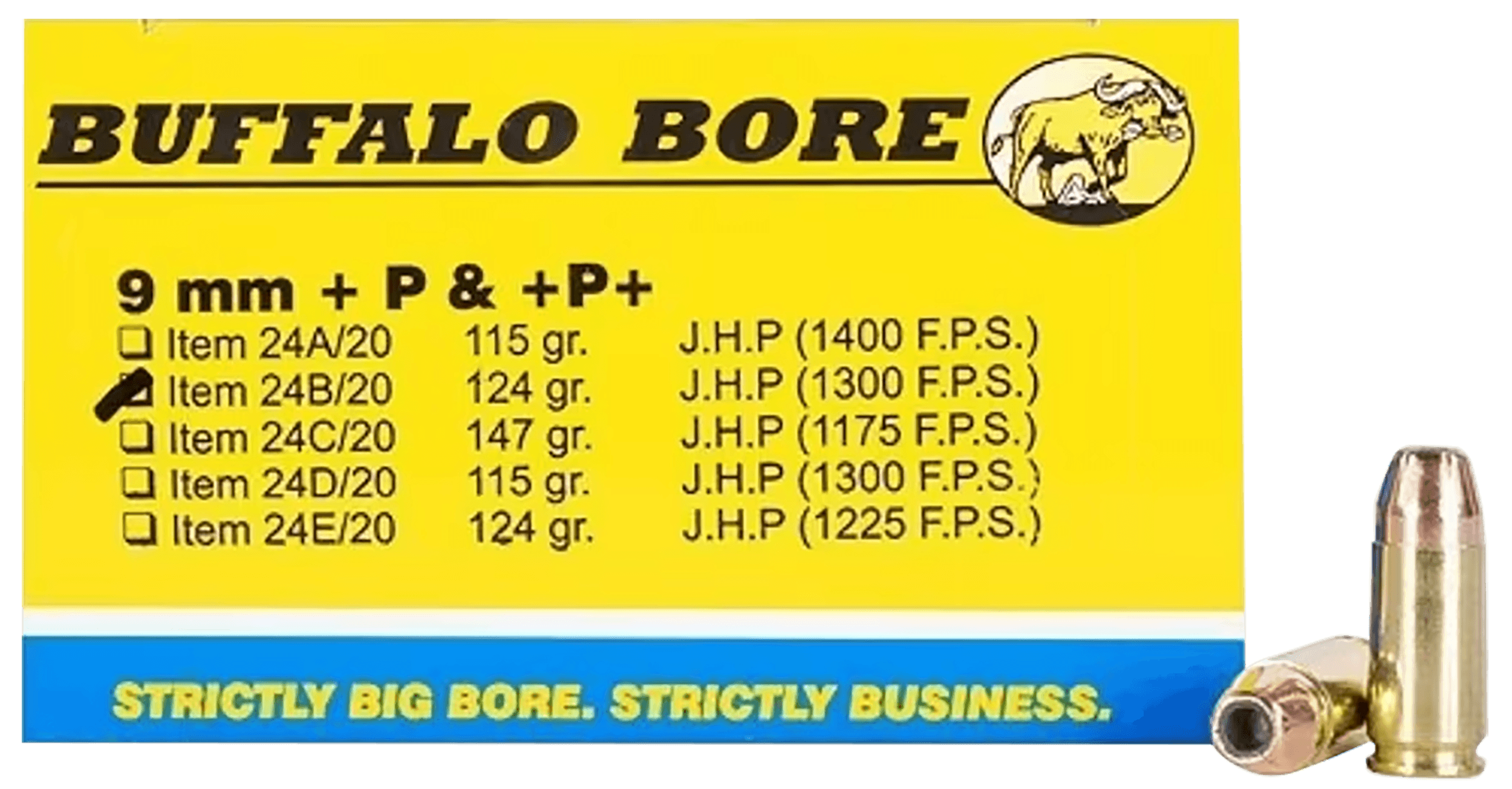 Buffalo Bore Ammunition 24B20 Personal Defense Strictly Business 9mm Luger +P+ 124 gr Jacketed Hollow Point (JHP) 20rd Box