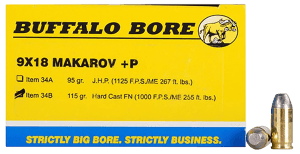 Buffalo Bore Ammunition 34B20 Personal Defense Strictly Business 9x18 Makarov +P 115 gr Hard Cast Flat Nose (HCFN) 20rd Box