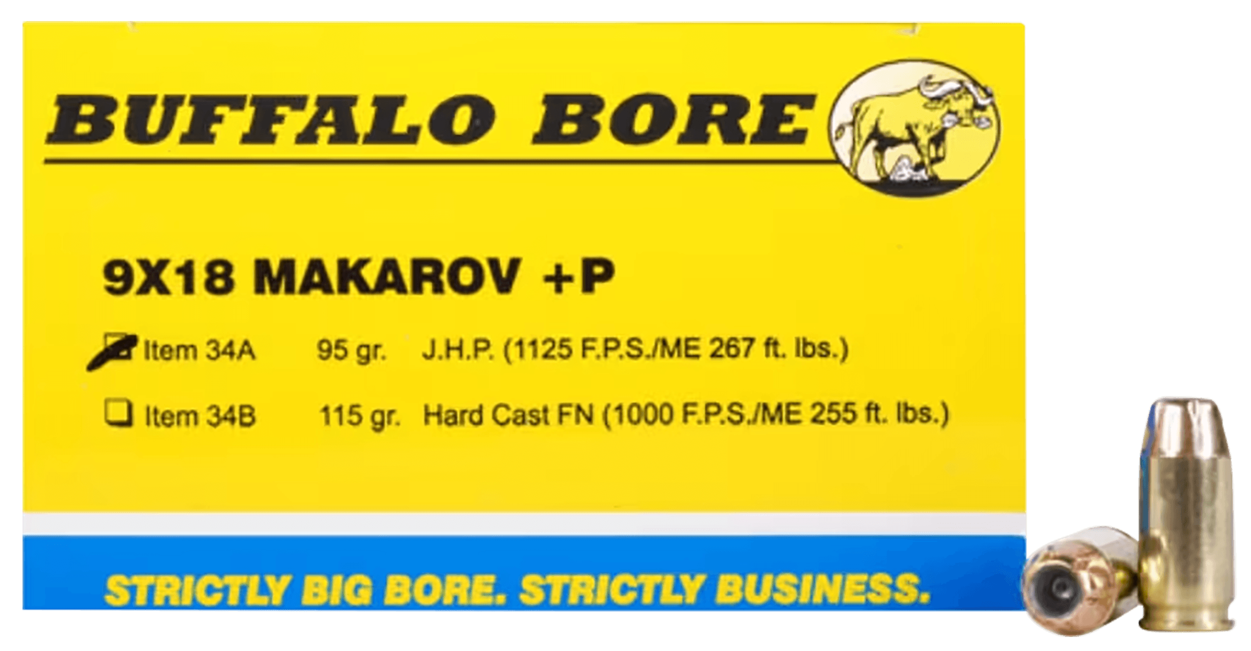 Buffalo Bore Ammunition 34A20 Personal Defense Strictly Business 9x18 Makarov +P 95 gr Jacketed Hollow Point (JHP) 20rd Box