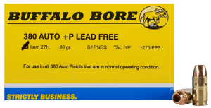Buffalo Bore Ammunition 27H20 Buffalo-Barnes Strictly Business 380 ACP +P 80 gr Barnes TAC-XP Lead Free 20rd Box